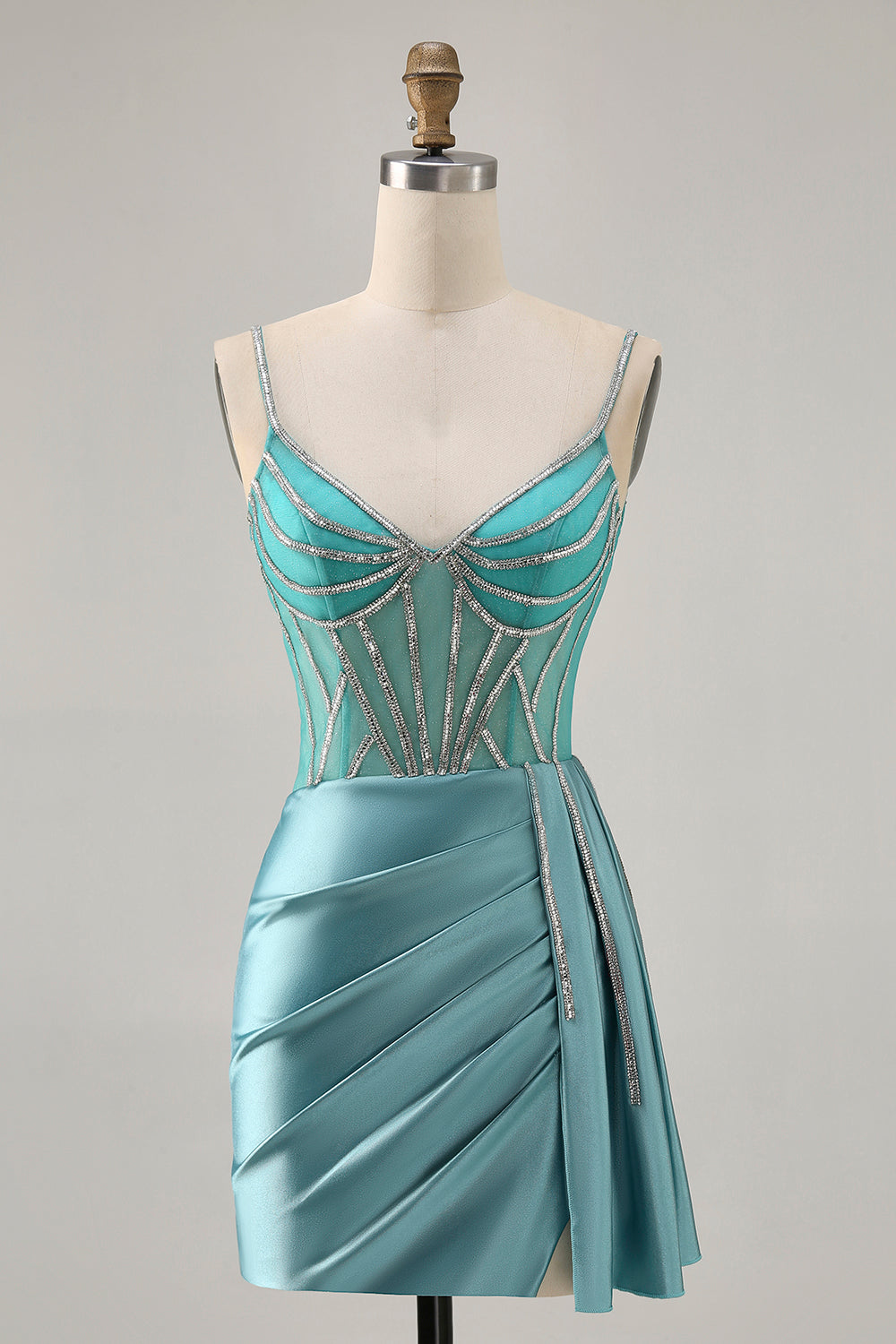 Satin Bodycon Beaded Green Homecoming Dress with Streamer
