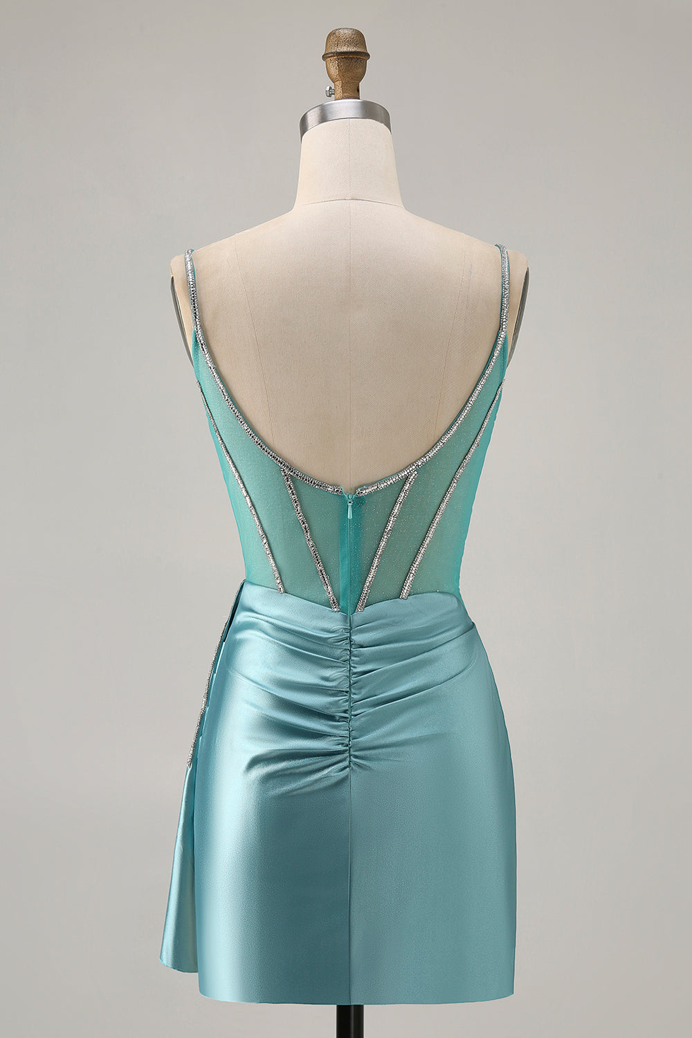 Satin Bodycon Beaded Green Homecoming Dress with Streamer - Image 2