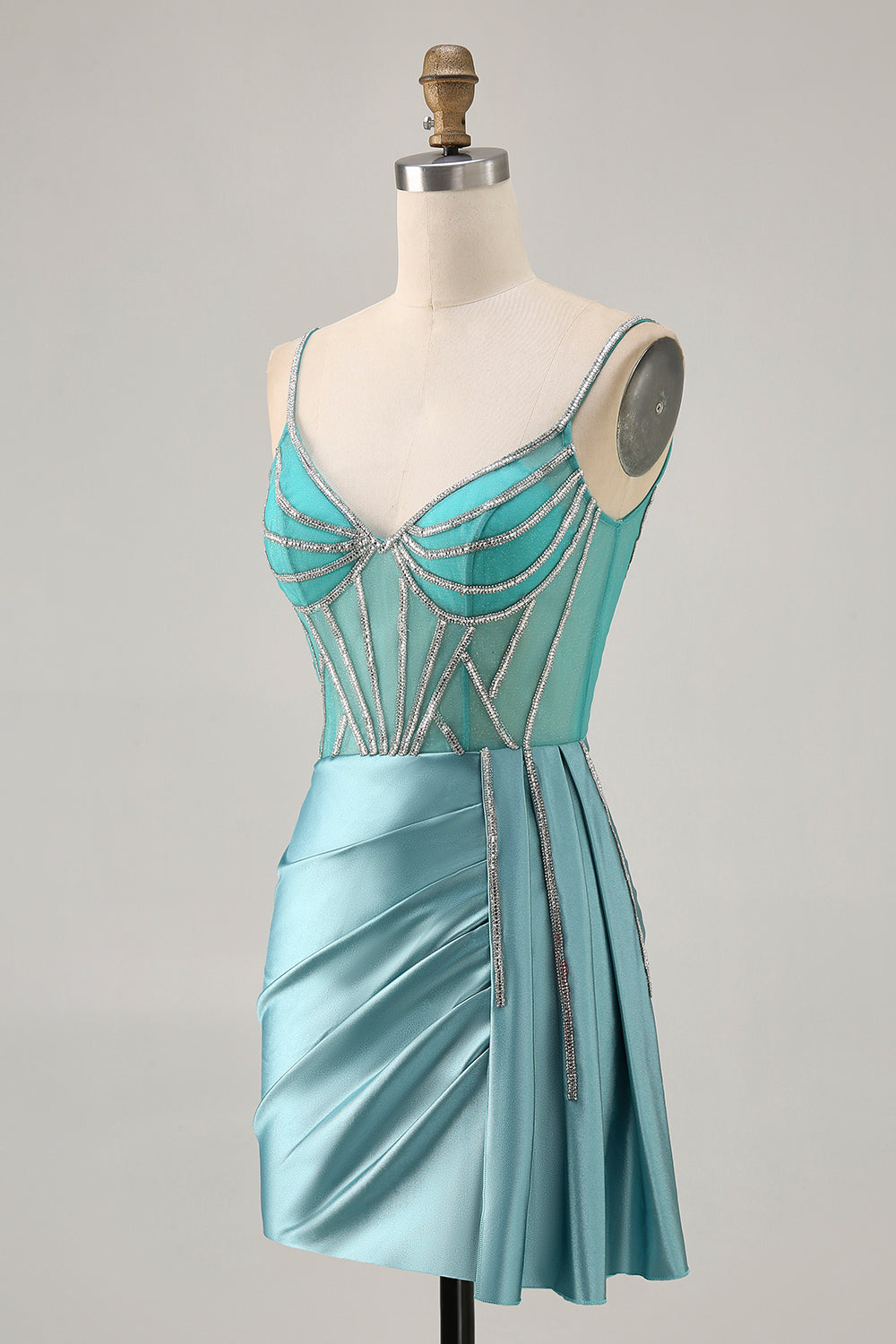 Satin Bodycon Beaded Green Homecoming Dress with Streamer - Image 3