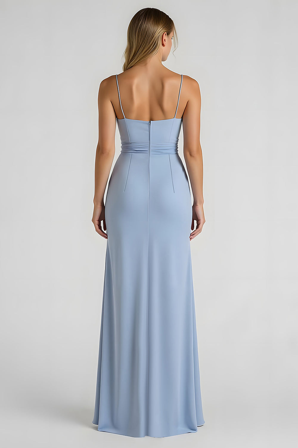 Sheath Ruched Light Blue Bridesmaid Dress With Slit - Image 2