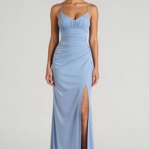 Sheath Ruched Light Blue Bridesmaid Dress With Slit