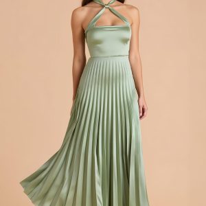 Sage Green Halter A-Line Pleated Bridesmaid Dress