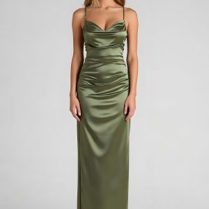 Sheath Satin Olive Spaghetti Straps Bridesmaid Dress