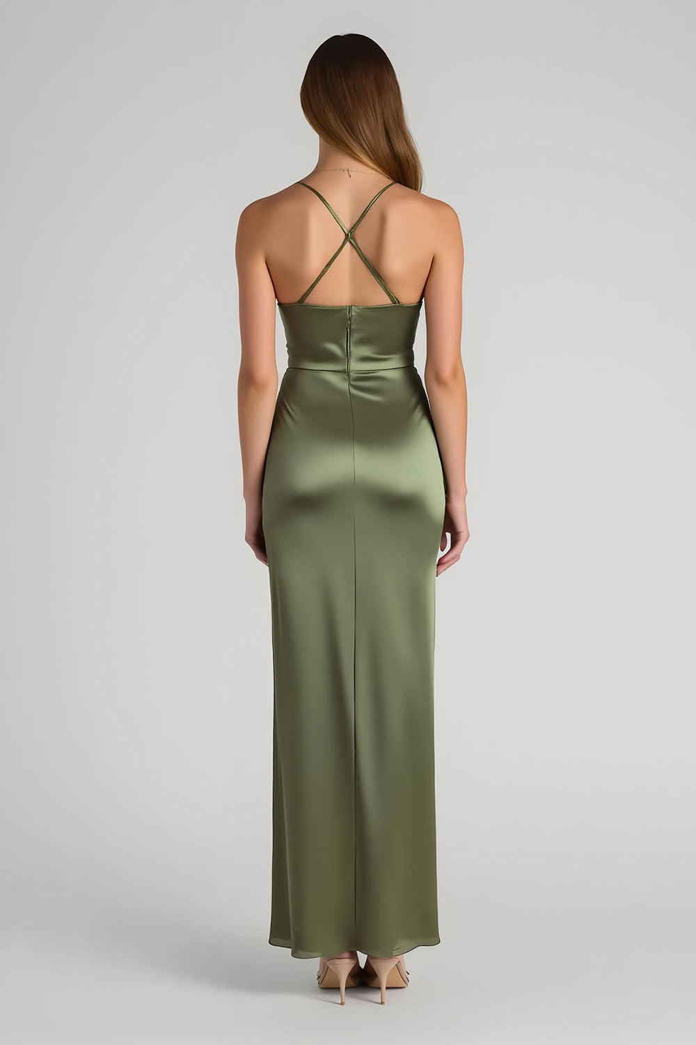 Sheath Satin Olive Spaghetti Straps Bridesmaid Dress - Image 2