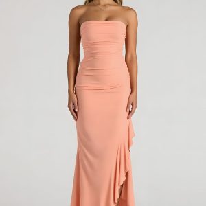 Sheath Strapless Sunset Bridesmaid Dress With Slit