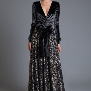 Sequin Black V-Neck A Line Long Sleeve Formal Dress with Bow