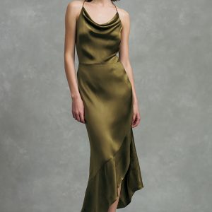 Satin Cowl Neck Ruffled Olive Wedding Guest Dress