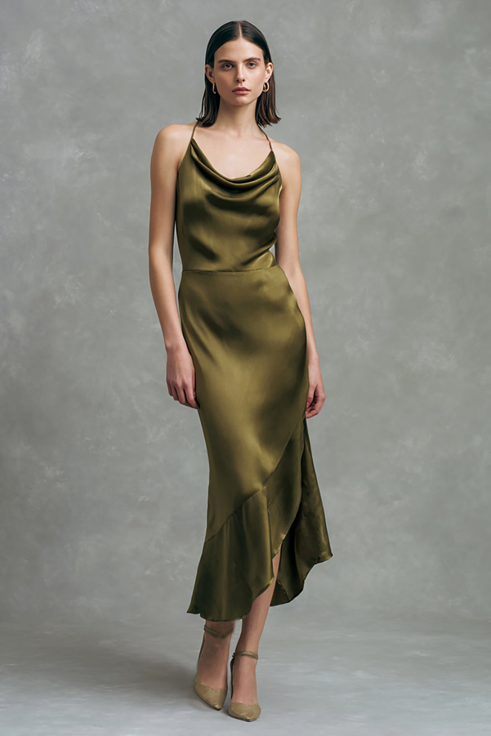 Satin Cowl Neck Ruffled Olive Wedding Guest Dress