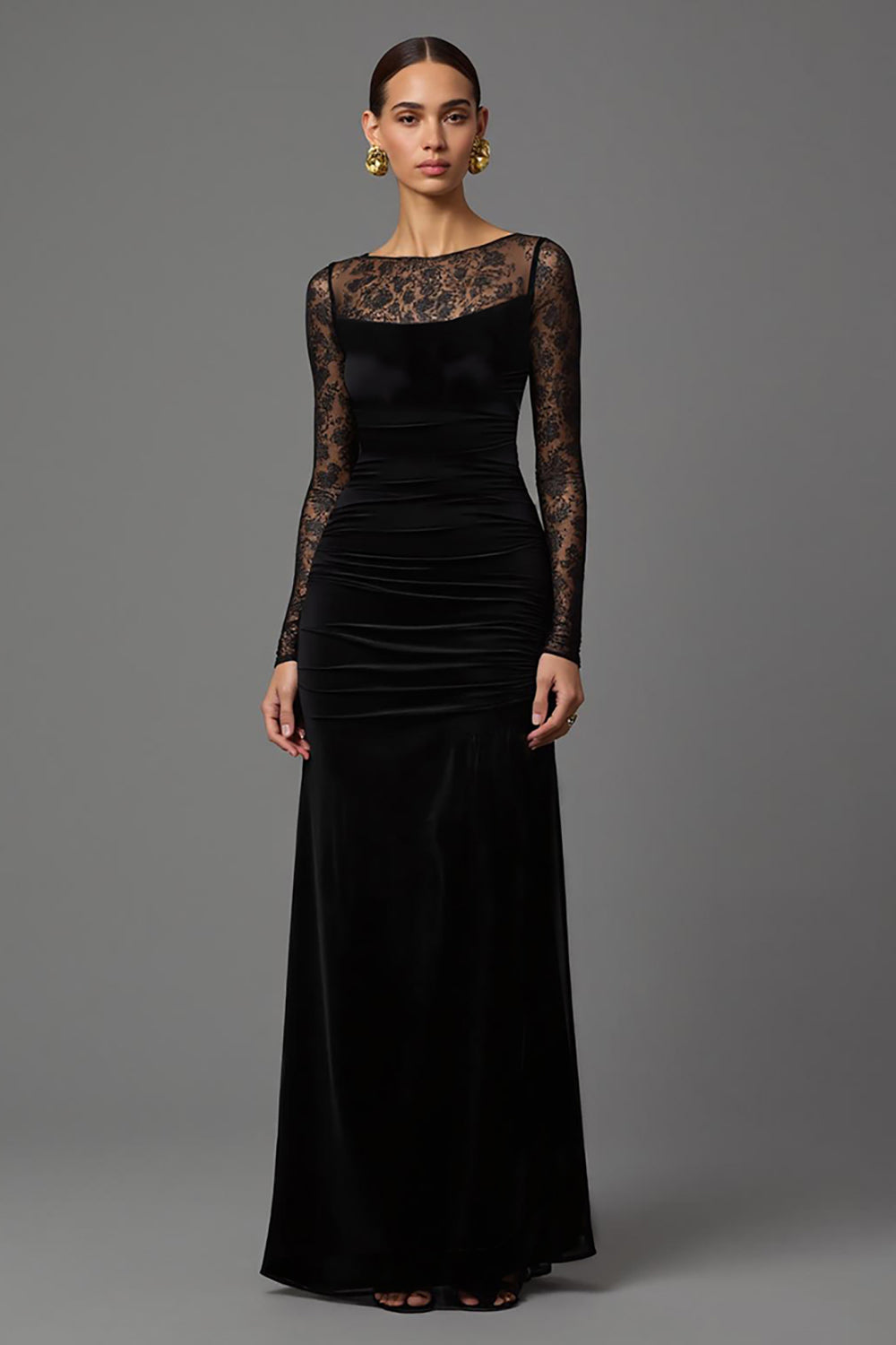 Sheath Lace Illusion Long Sleeve Black Formal Dress