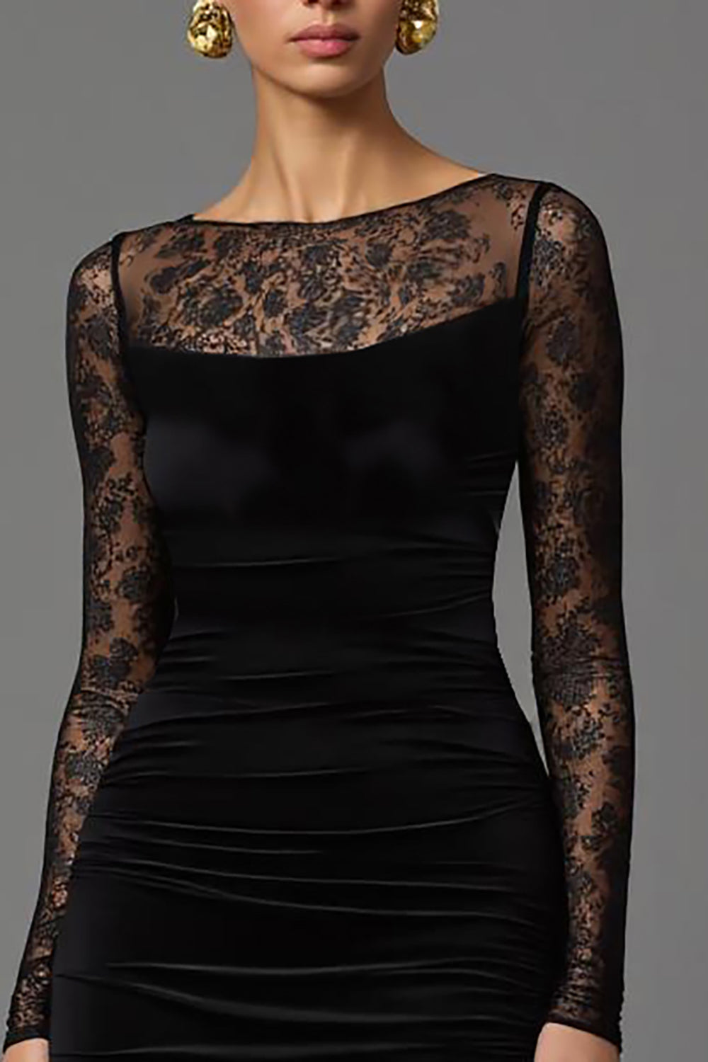 Sheath Lace Illusion Long Sleeve Black Formal Dress - Image 3