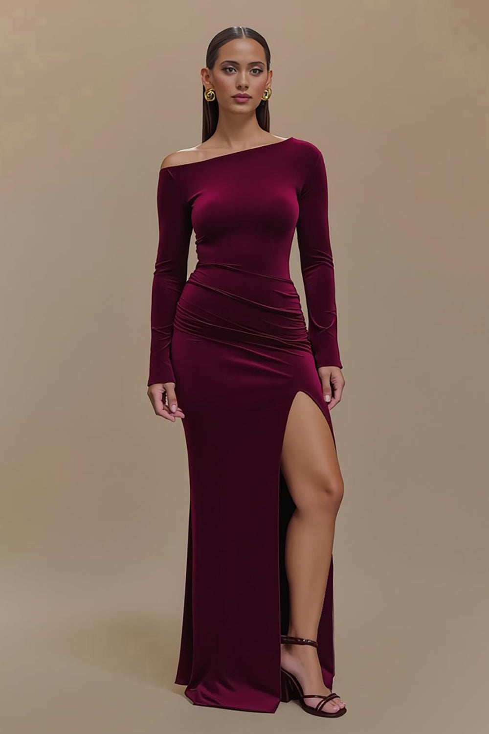 Sheath Velvet Burgundy Formal Dress with Slit