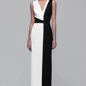 Sheath Black And White V-Neck Business Dress