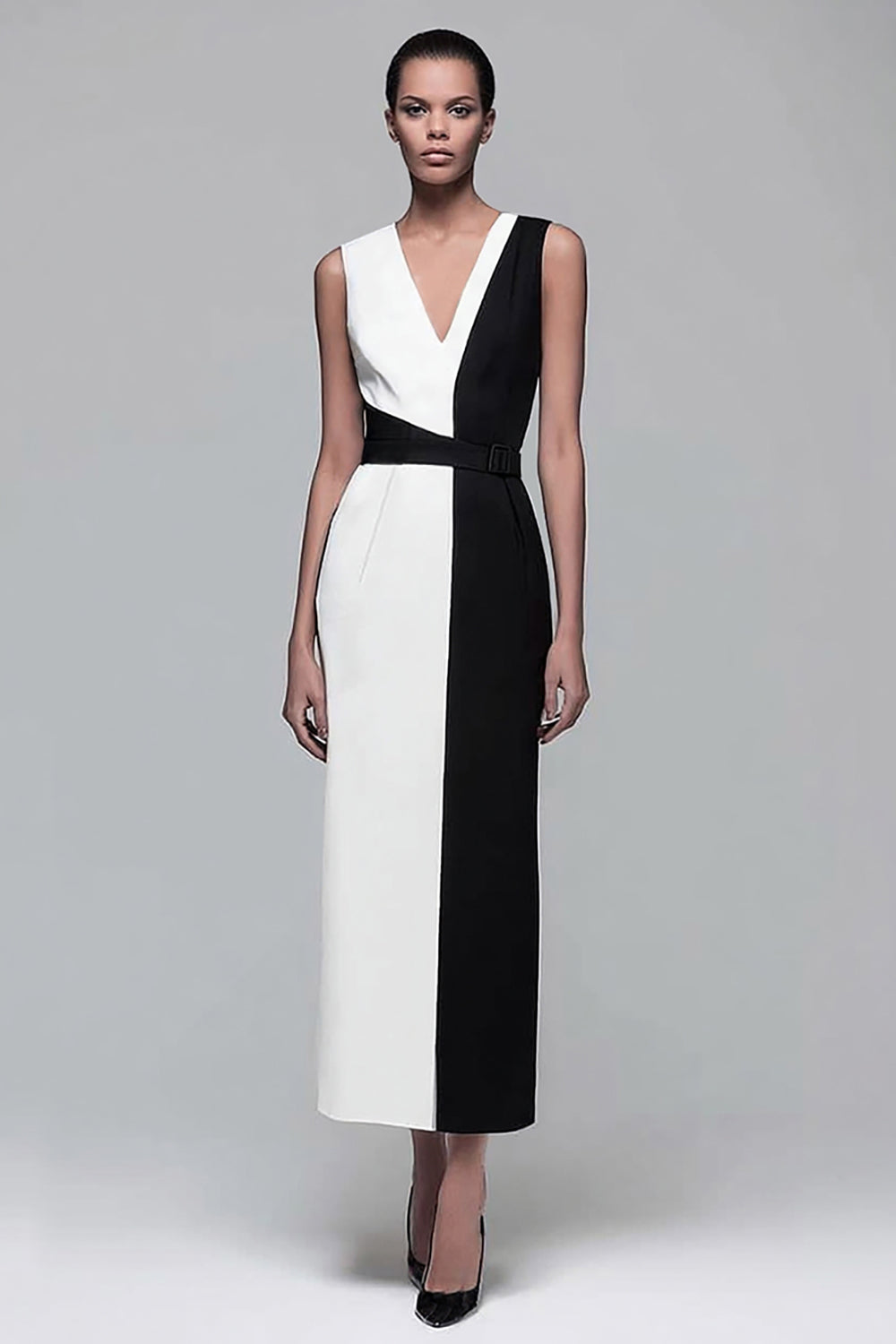 Sheath Black And White V-Neck Business Dress