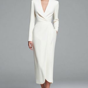 Ivory Sheath V-Neck Work Dress With Long Sleeves