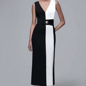 Sheath V Neck Black And White Tea Length Work Dress
