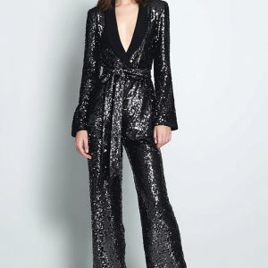 Sequined Black 2-Piece Women Prom Suits With Sash