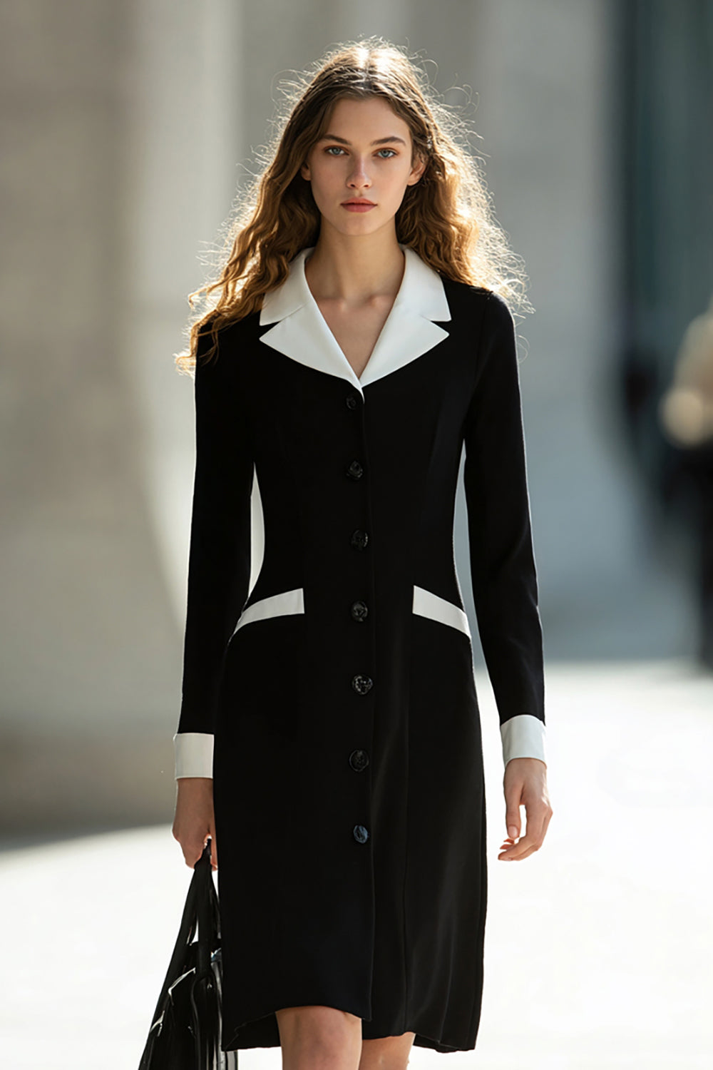 Sheath Black and White Work Dress with Long Sleeves