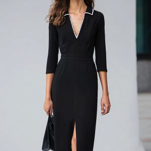Sheath V-Neck 3/4 Sleeve Black Work Dress With Slit