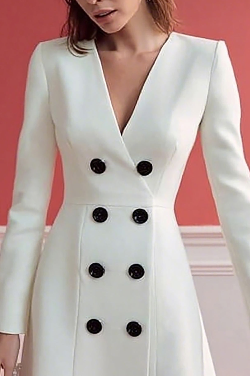 Satin A-Line V-Neck Ivory Double Breasted Work Dress With Long Sleeves - Image 2