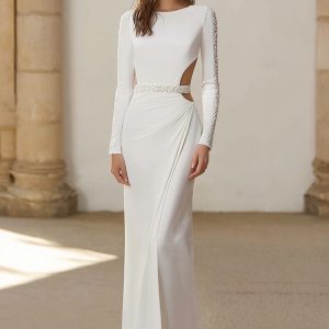 Sheath Long Sleeve Beaded Ivory Wedding Dress