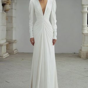 Sheath V-Neck Ruched Ivory Engagement Dress With Long Sleeves