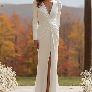 Sheath V-Neck Ivory Long Sleeve Engagement Dress With Slit