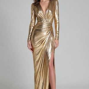 Sheath Gold V-Neck Long Sleeve Ruched Formal Dress With Slit