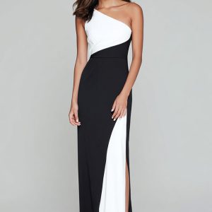 Sheath One Shoulder Black and White Formal Dress With Slit