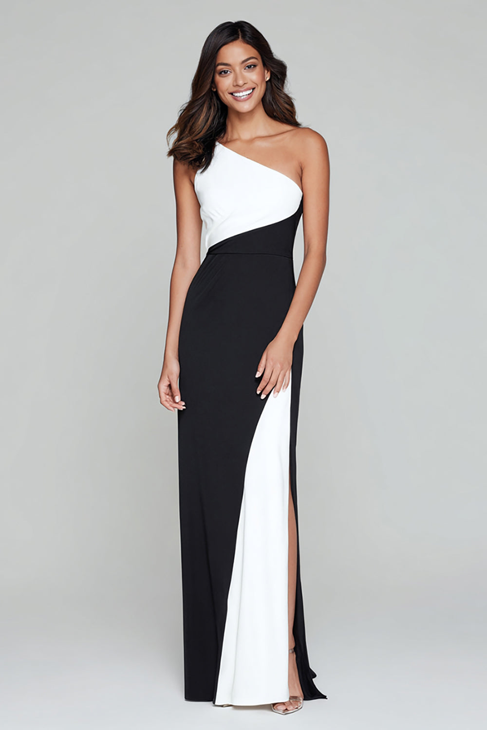 Sheath One Shoulder Black and White Formal Dress With Slit