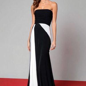 Sheath Strapless Maxi Black and White Formal Dress