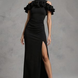 Sheath High Neck Ruffled Black Tie Dress With Slit