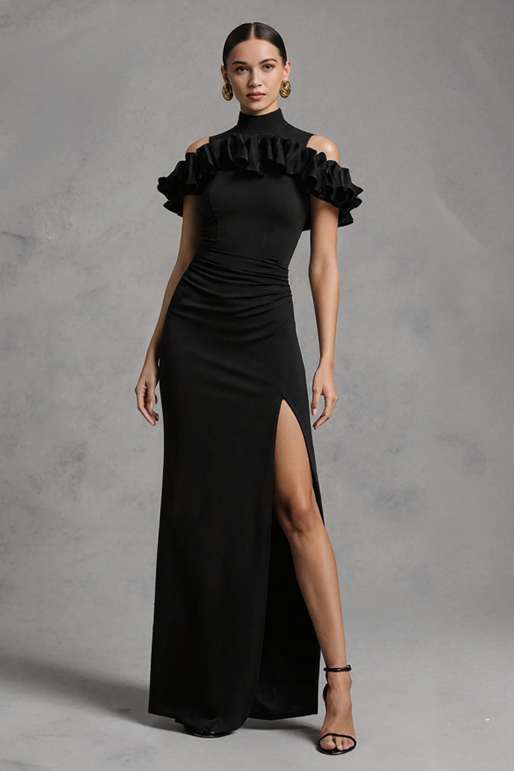 Sheath High Neck Ruffled Black Tie Dress With Slit