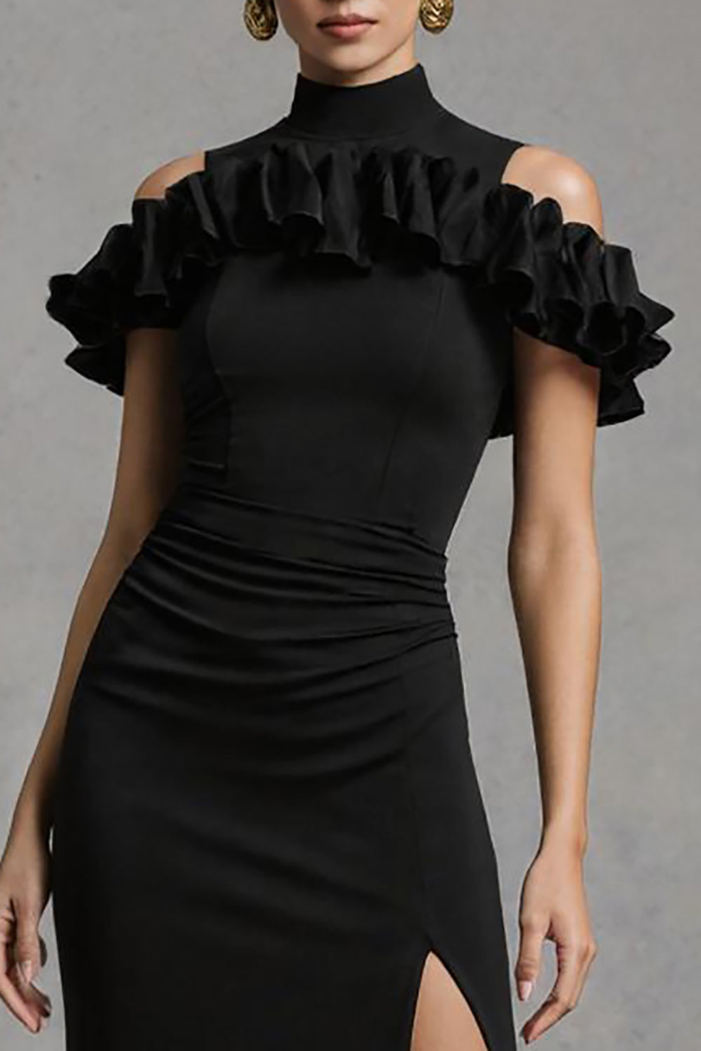Sheath High Neck Ruffled Black Tie Dress With Slit - Image 2