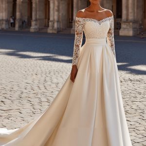 Satin Ivory A-Line Off The Shoulder Wedding Dress With Lace