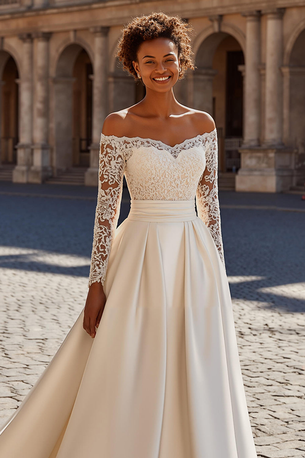 Satin Ivory A-Line Off The Shoulder Wedding Dress With Lace - Image 2