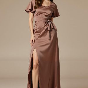 Satin Coffee Scoop Neck Maxi Wedding Guest Dress With Slit