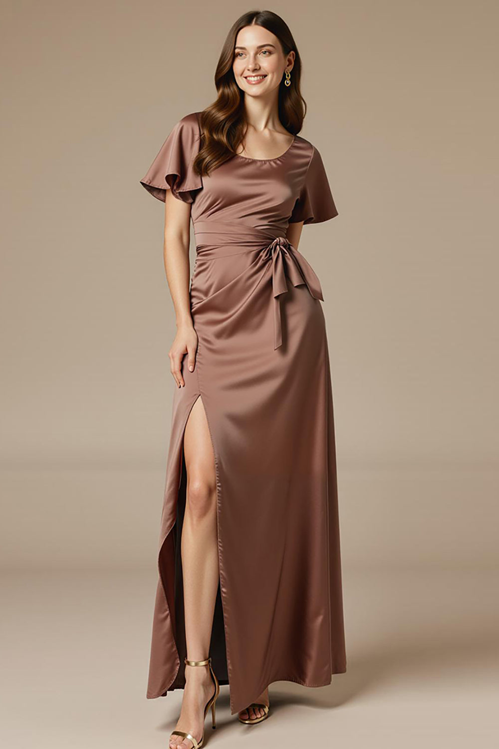 Satin Coffee Scoop Neck Maxi Wedding Guest Dress With Slit