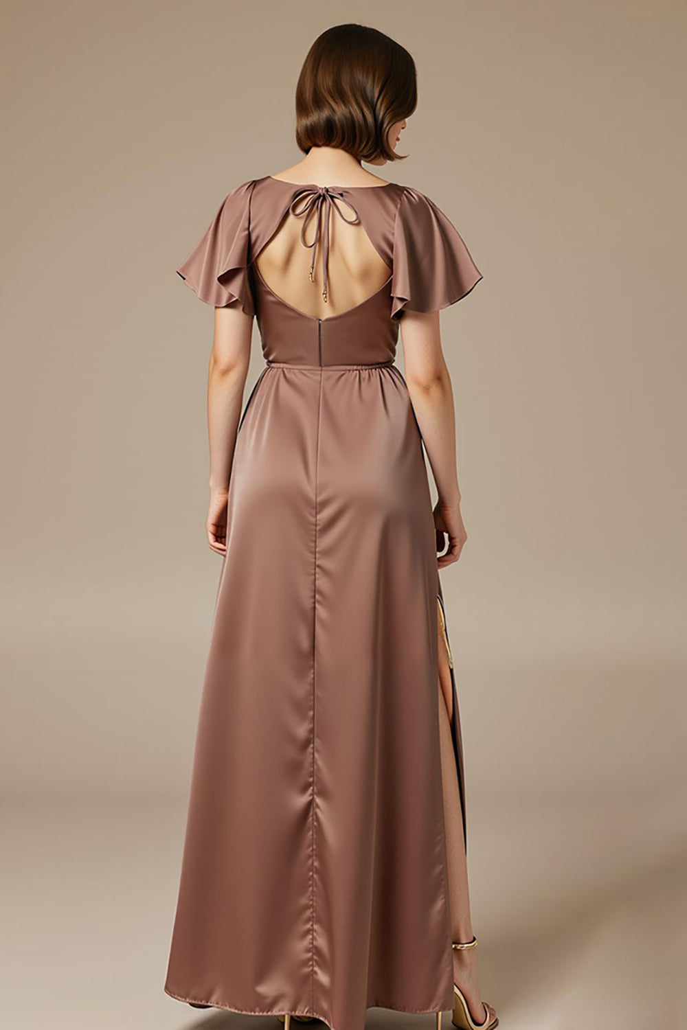 Satin Coffee Scoop Neck Maxi Wedding Guest Dress With Slit - Image 2
