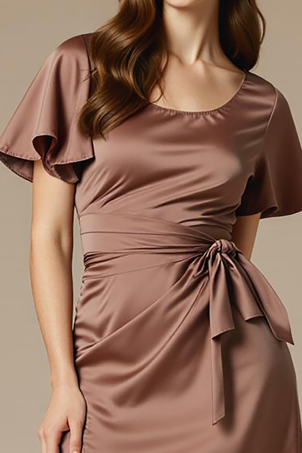 Satin Coffee Scoop Neck Maxi Wedding Guest Dress With Slit - Image 3