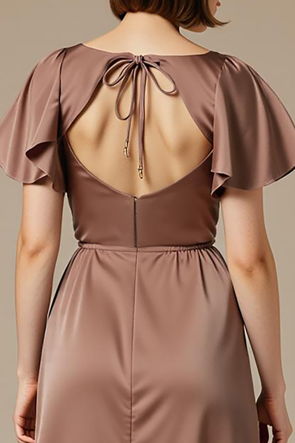 Satin Coffee Scoop Neck Maxi Wedding Guest Dress With Slit - Image 4