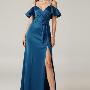 Satin Cold Shoulder Dark Blue Wedding Guest Dress With Slit