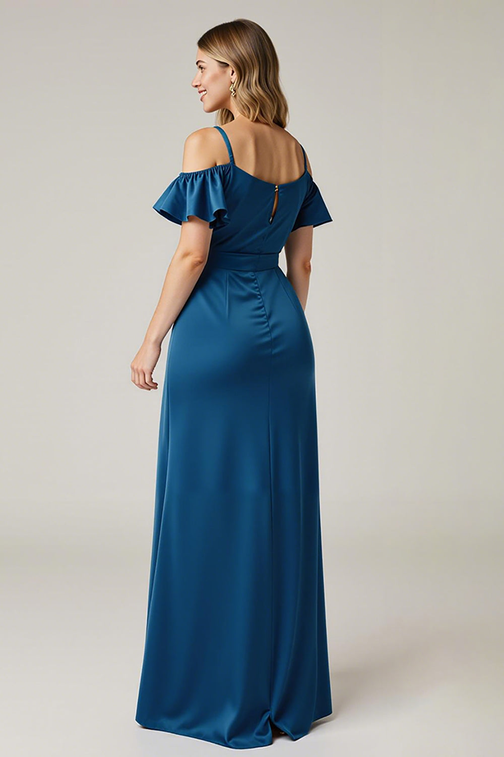 Satin Cold Shoulder Dark Blue Wedding Guest Dress With Slit - Image 2