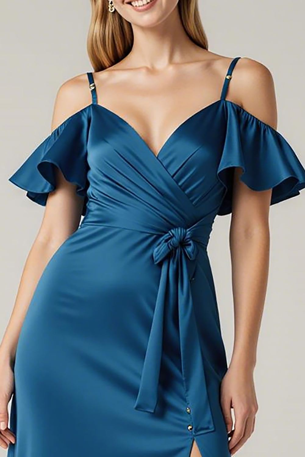 Satin Cold Shoulder Dark Blue Wedding Guest Dress With Slit - Image 3