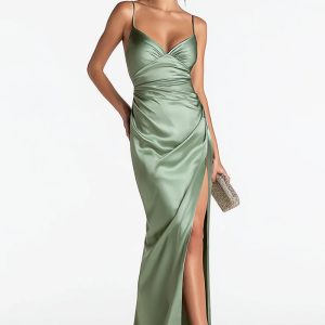 Sage Green Sheath Satin Formal Dress With Slit