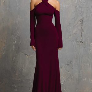 Sheath Halter Burgundy Evening Dress with Long Sleeves