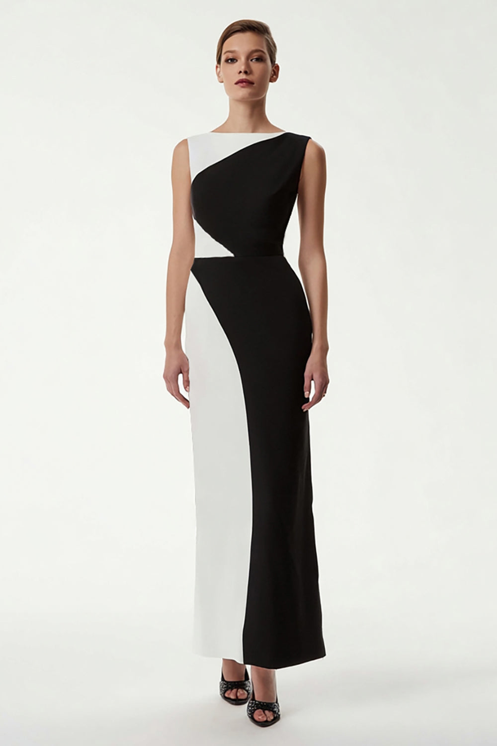 Sheath Bateau Neck Black and White Formal Dress