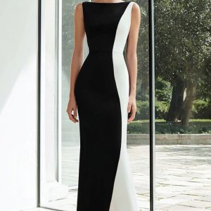 Sheath Black and White Bateau Neck Long Formal Dress