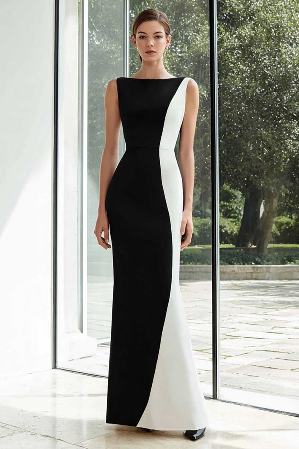 Sheath Black and White Bateau Neck Long Formal Dress