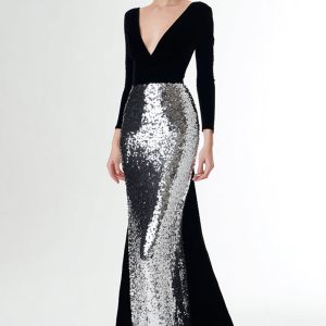 Sequin Mermaid Velvet Black and Silver Formal Dress with Long Sleeves