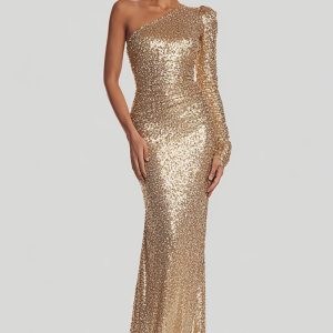 Sequin Gold One Shoulder Sheath Maxi Evening Dress